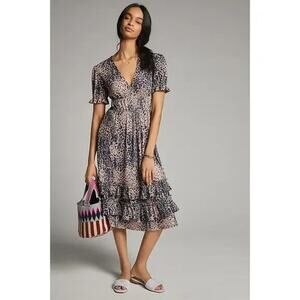 Anthropologie Hutch Adelia Ruffled Midi Dress Animal Print V-Neck Size Medium